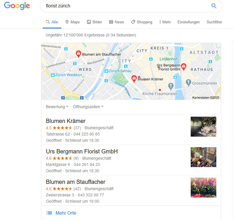 Screenshot Google Florist Zürich